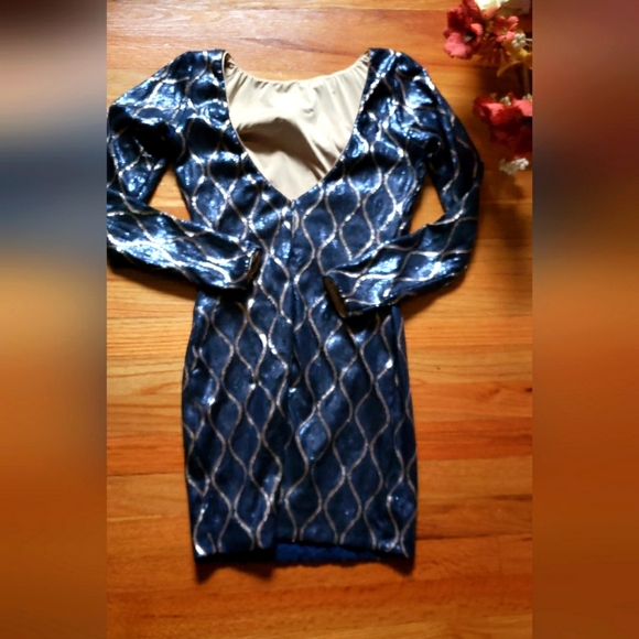 Dress the Population Long Sleeve Sequin Blue & Gold Women's Medium Deep V BACK - Picture 2 of 11